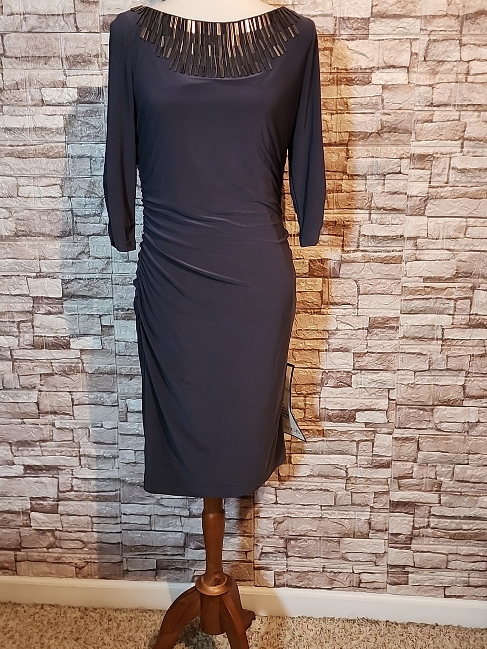 Adrianna Papell Gray Ruched Beaded Wiggle Dress  Cocktail Party Dress